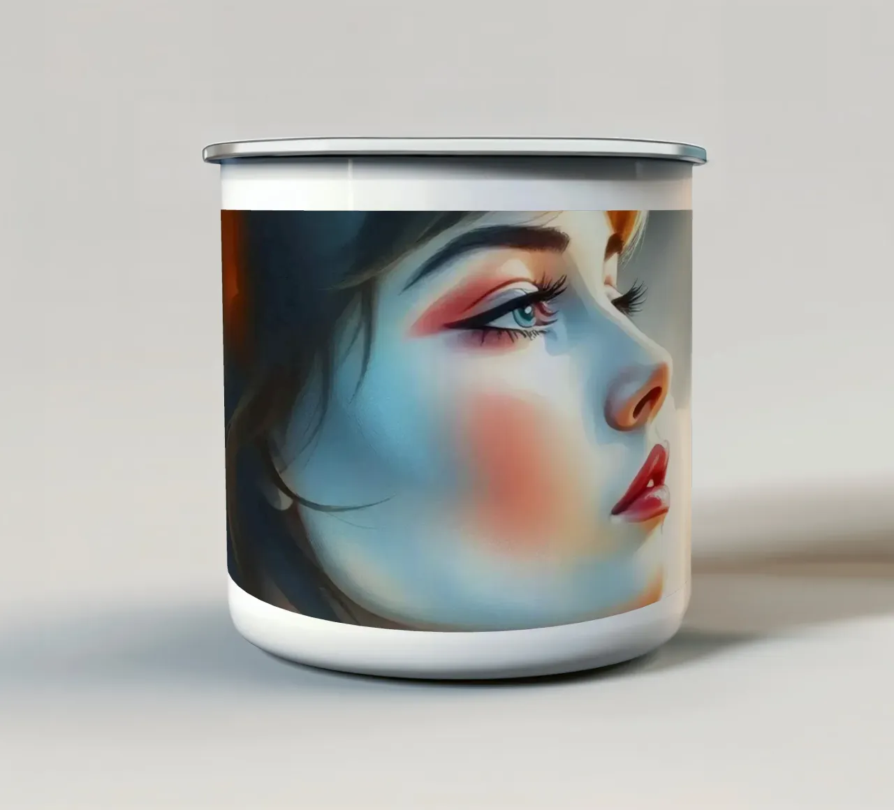 Ritratto di una giovane donna premurosa con capelli alla moda tazza in smalto da DesignDoodle