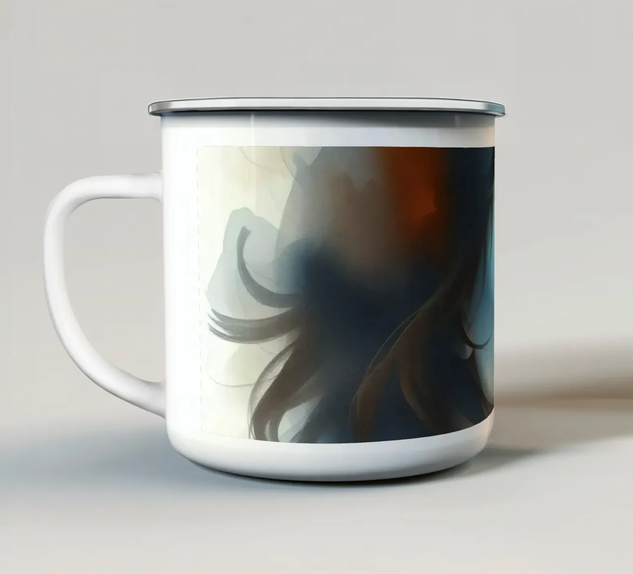 Ritratto di una giovane donna premurosa con capelli alla moda tazza in smalto da DesignDoodle