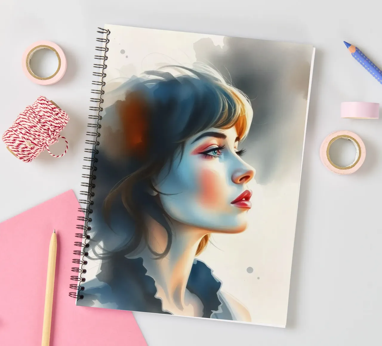 Portrait of a thoughtful young woman with stylish hair spiral notebook by DesignDoodle