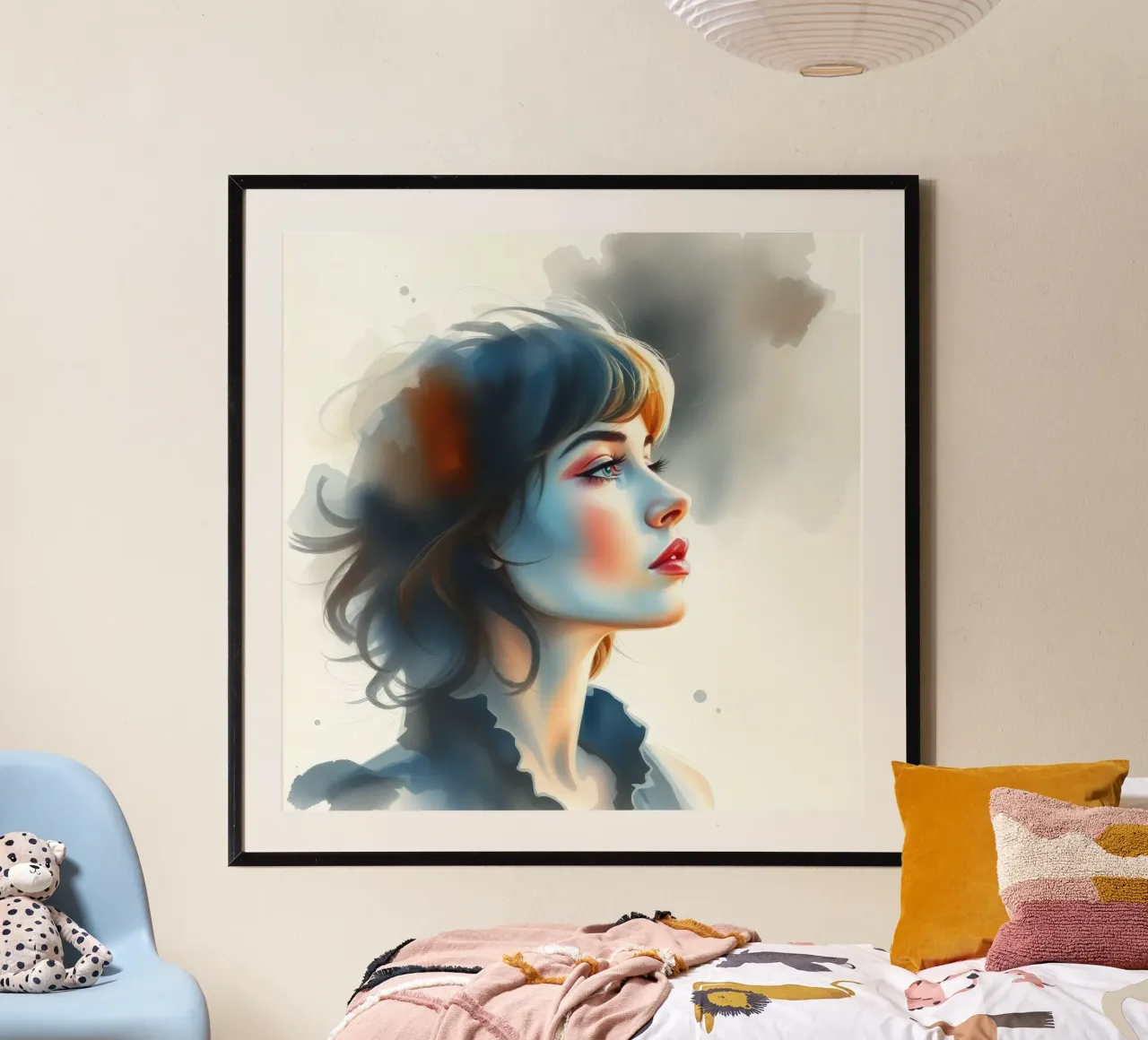 Portrait d'une jeune femme réfléchie avec des cheveux élégants hahnemühle de DesignDoodle