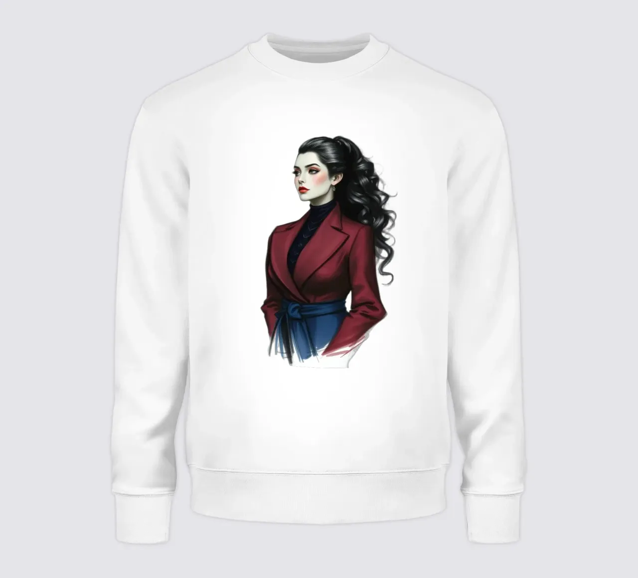 Frau in modischem Outfit posiert selbstbewusst mit lockigem Haar Sweatshirt von DesignDoodle