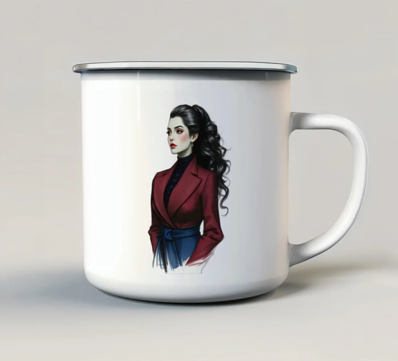Frau in modischem Outfit posiert selbstbewusst mit lockigem Haar Emaille Tasse von DesignDoodle