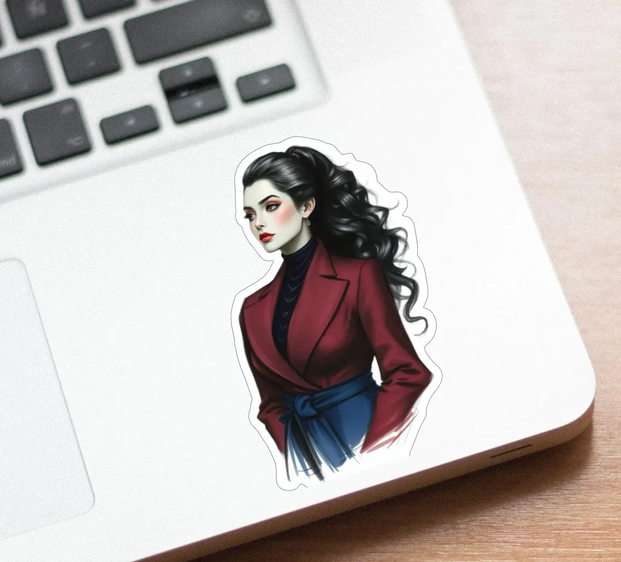 Frau in modischem Outfit posiert selbstbewusst mit lockigem Haar Sticker von DesignDoodle