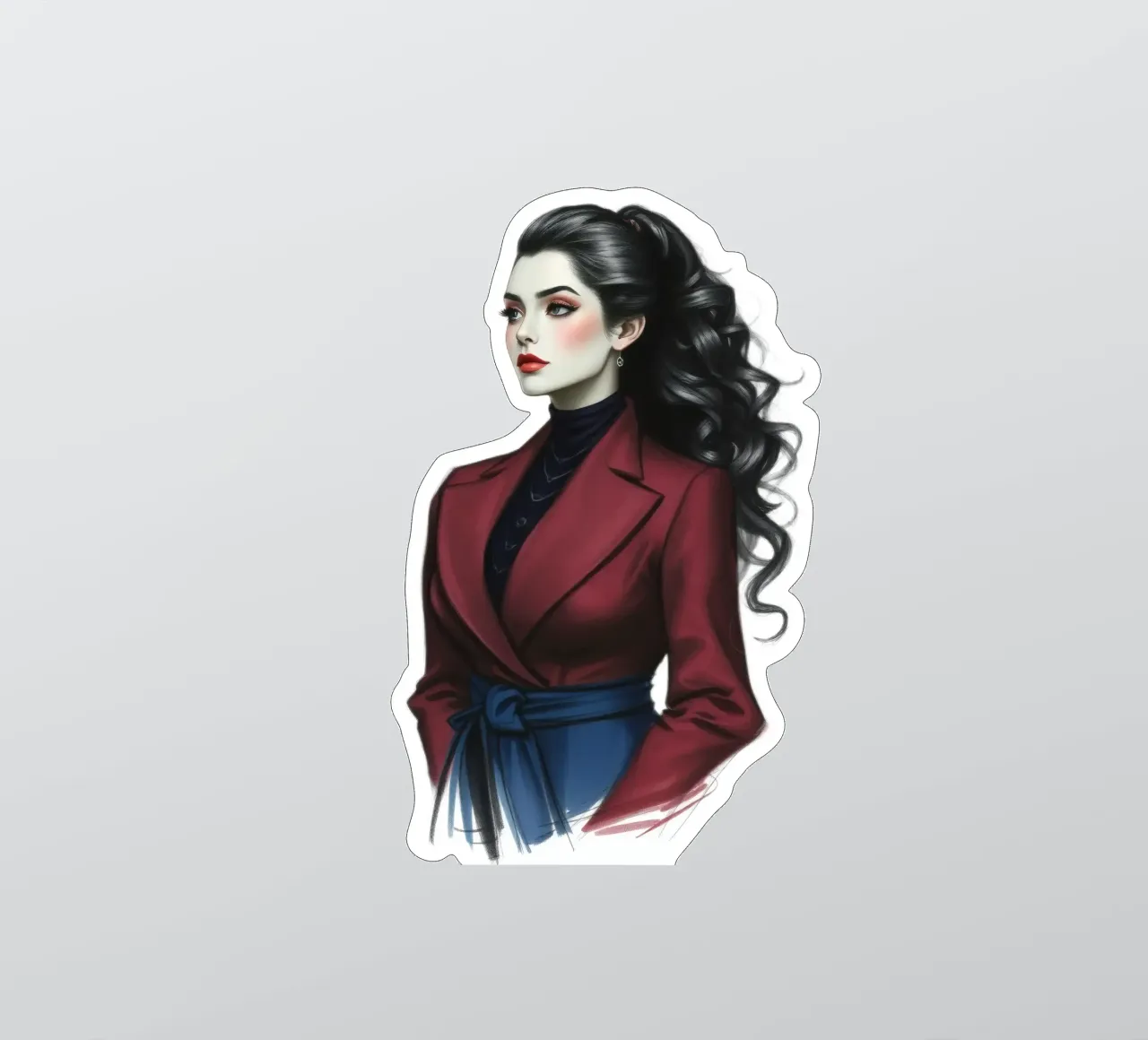 Frau in modischem Outfit posiert selbstbewusst mit lockigem Haar Sticker von DesignDoodle