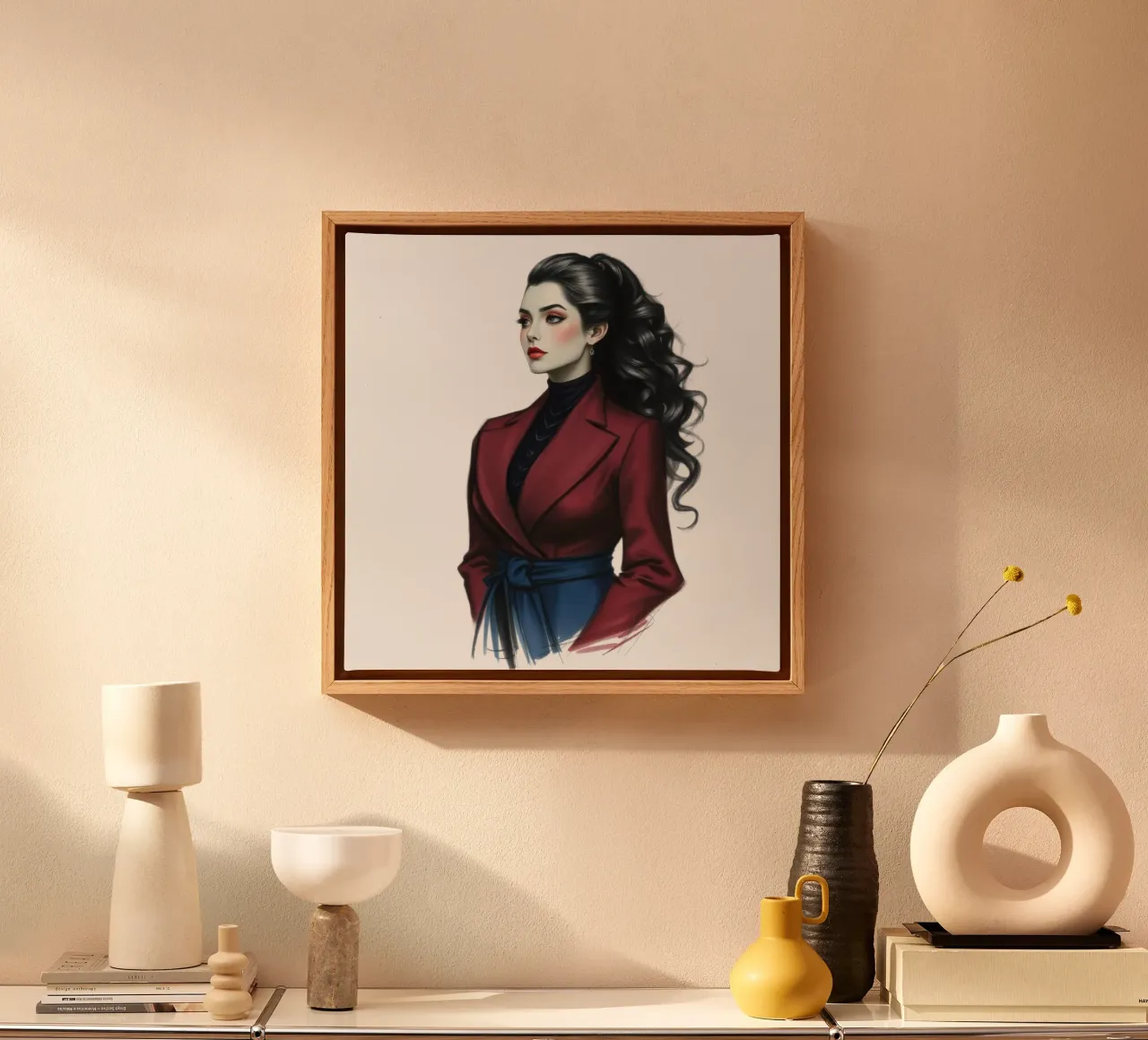 Frau in modischem Outfit posiert selbstbewusst mit lockigem Haar Leinwand von DesignDoodle