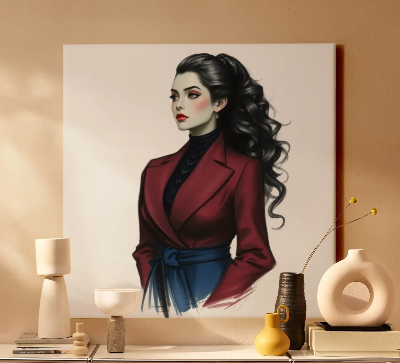 Frau in modischem Outfit posiert selbstbewusst mit lockigem Haar Leinwand von DesignDoodle
