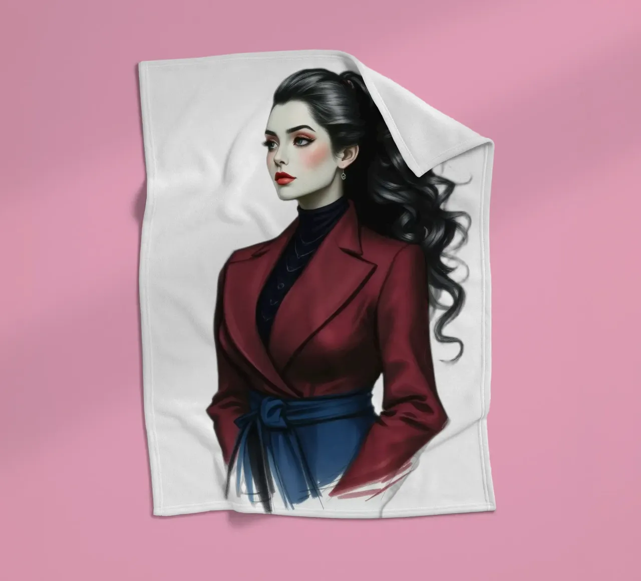 Frau in modischem Outfit posiert selbstbewusst mit lockigem Haar Fleecedecke von DesignDoodle