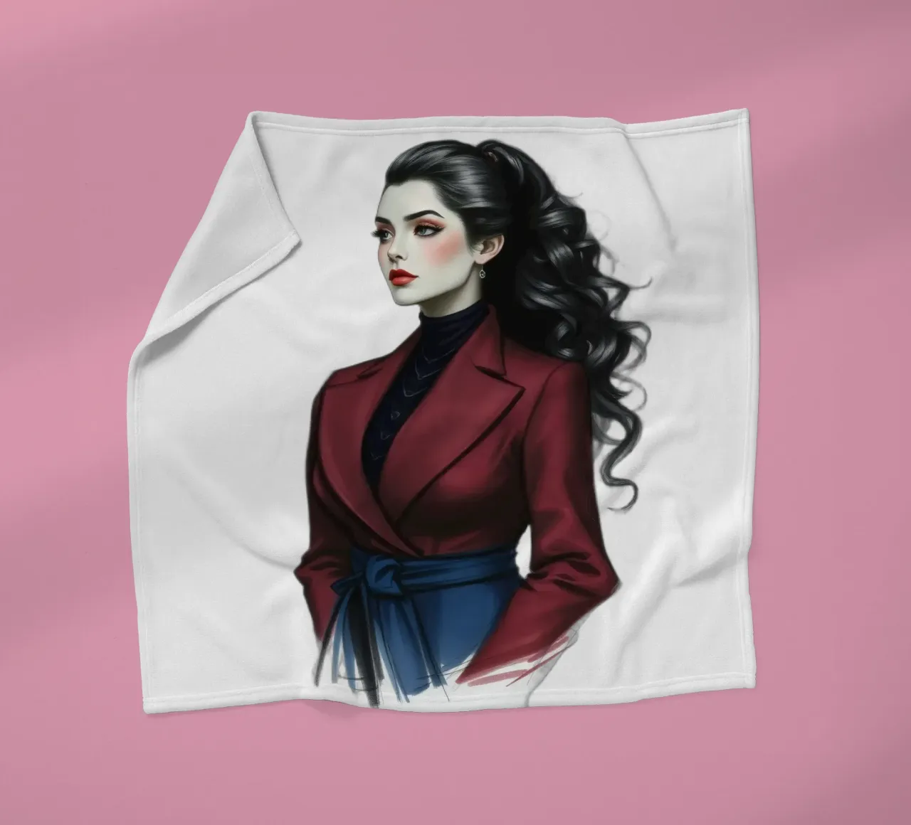 Frau in modischem Outfit posiert selbstbewusst mit lockigem Haar Fleecedecke von DesignDoodle