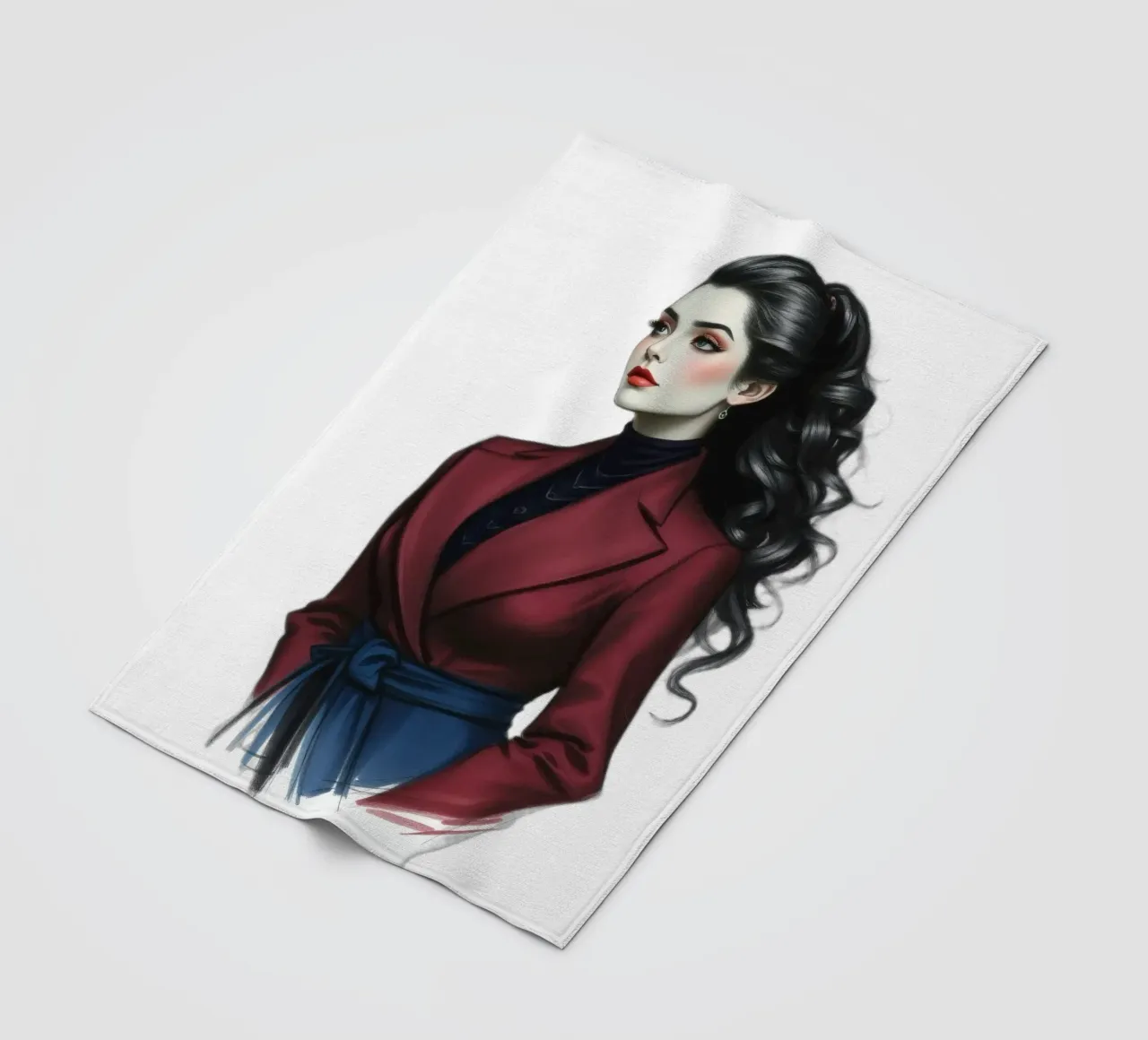 Frau in modischem Outfit posiert selbstbewusst mit lockigem Haar Fleecedecke von DesignDoodle