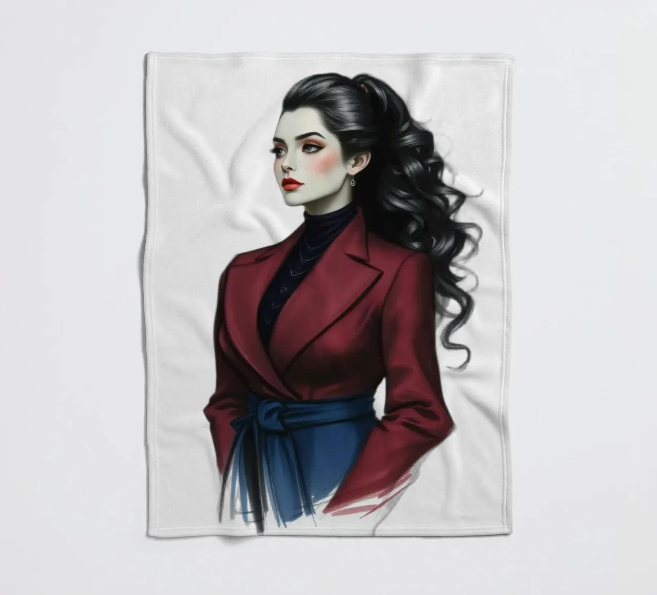 Frau in modischem Outfit posiert selbstbewusst mit lockigem Haar Fleecedecke von DesignDoodle