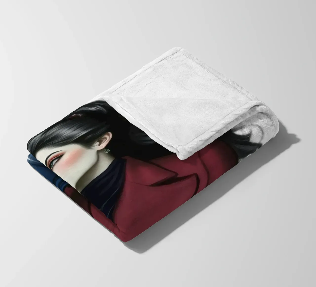 Frau in modischem Outfit posiert selbstbewusst mit lockigem Haar Fleecedecke von DesignDoodle