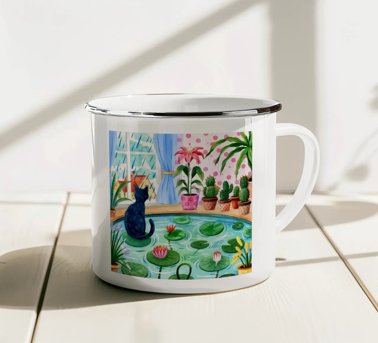 Giardino sereno per gatti tazza in smalto da Murni Strokes
