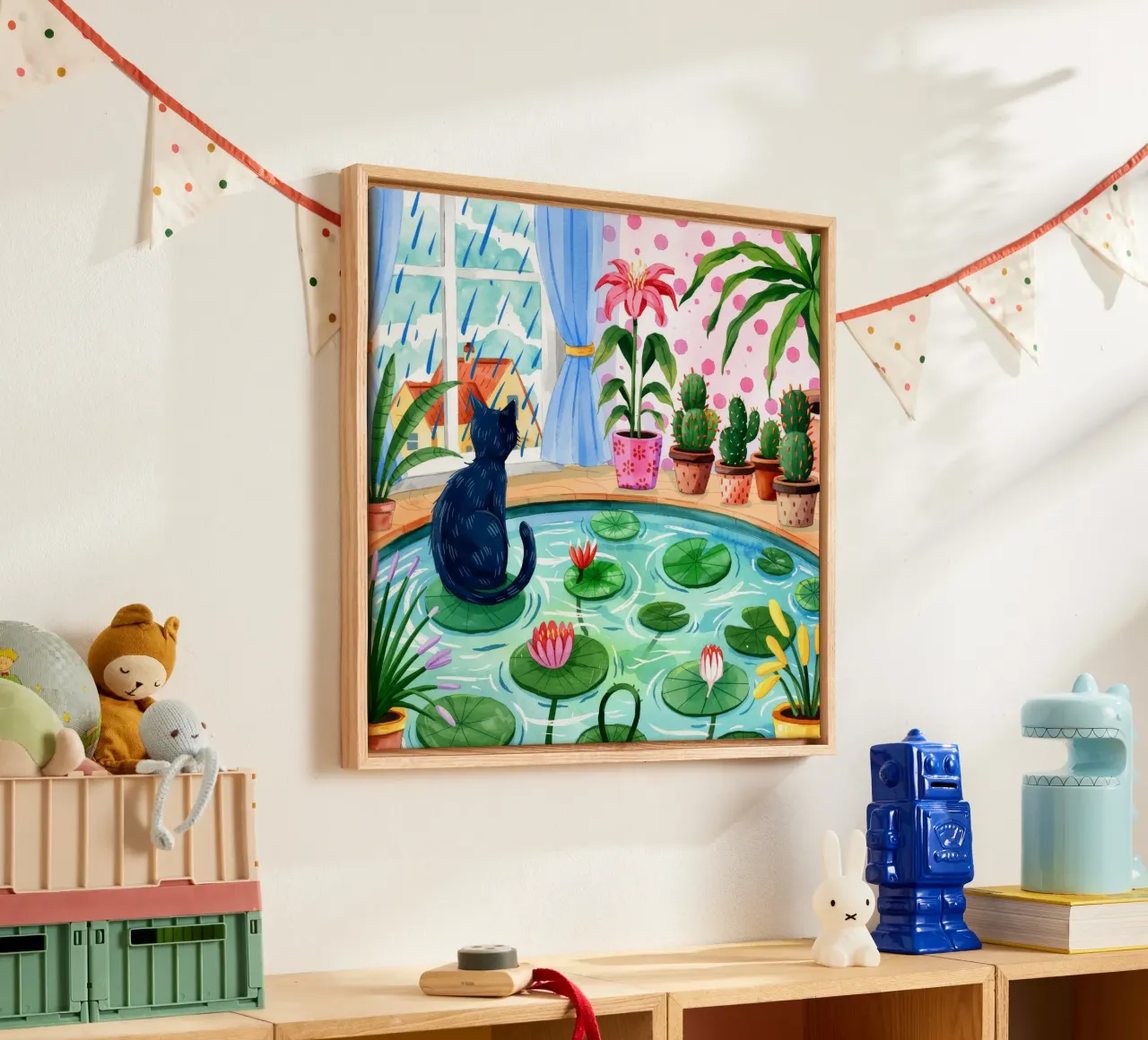 Serene kattentuin canvas met Baklijst van Murni Strokes