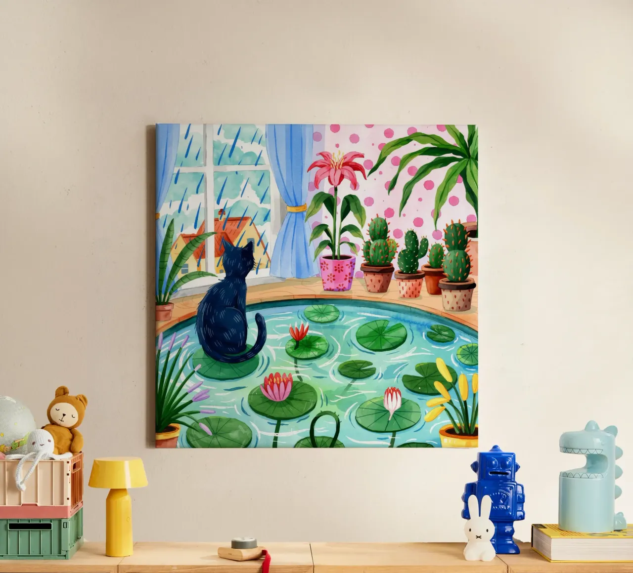 Serene kattentuin canvas met Baklijst van Murni Strokes