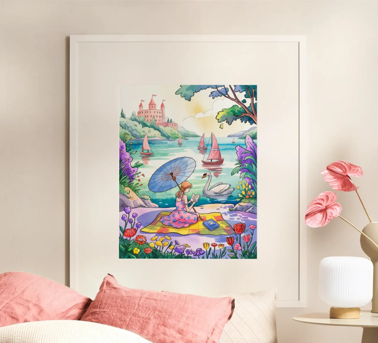 Tranquil Lakeside Picnic poster con telaio in legno da Murni Strokes