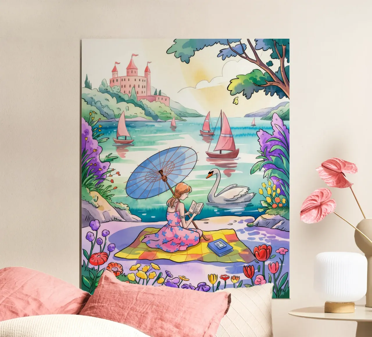 Tranquil Lakeside Picnic poster con telaio in legno da Murni Strokes