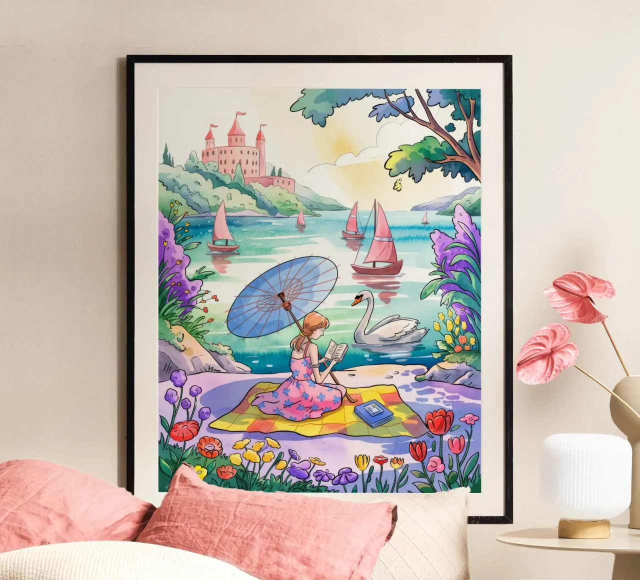 Tranquil Lakeside Picnic poster con telaio in legno da Murni Strokes