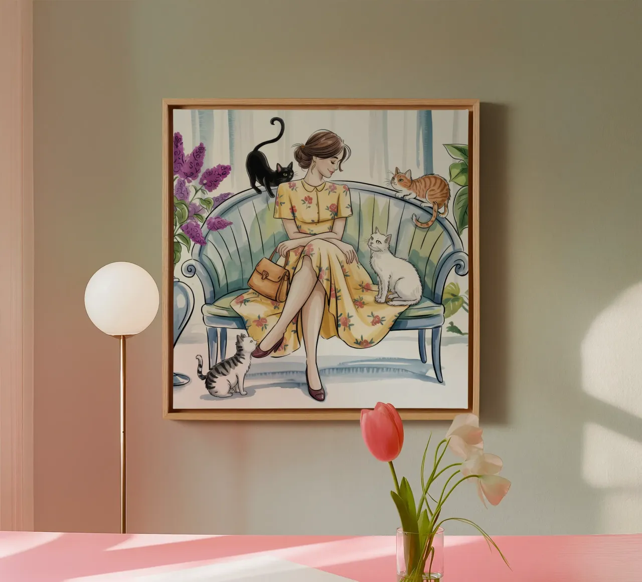 Gezellige kat dame canvas met Baklijst van Murni Strokes