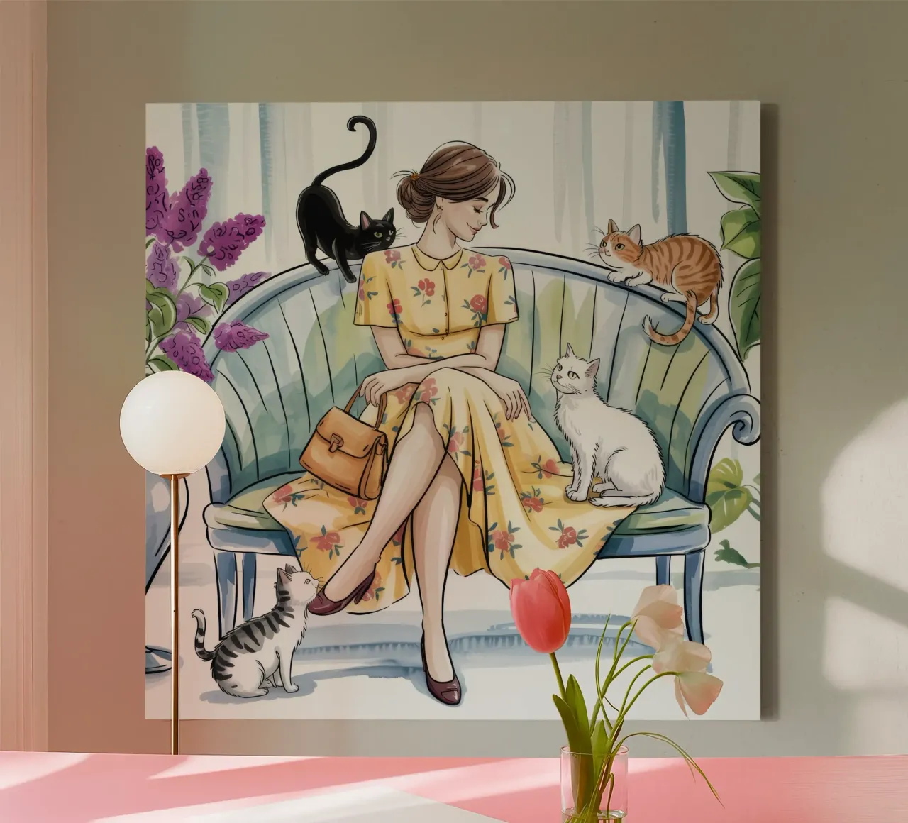 Gezellige kat dame canvas met Baklijst van Murni Strokes