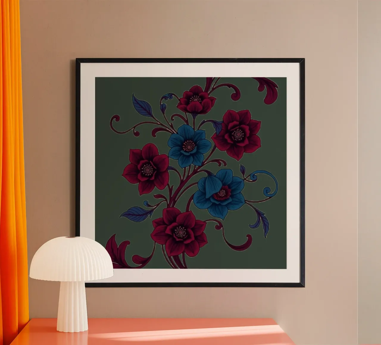 disegno floreale con fiori blu e rossi poster con telaio in legno da DesignDoodle