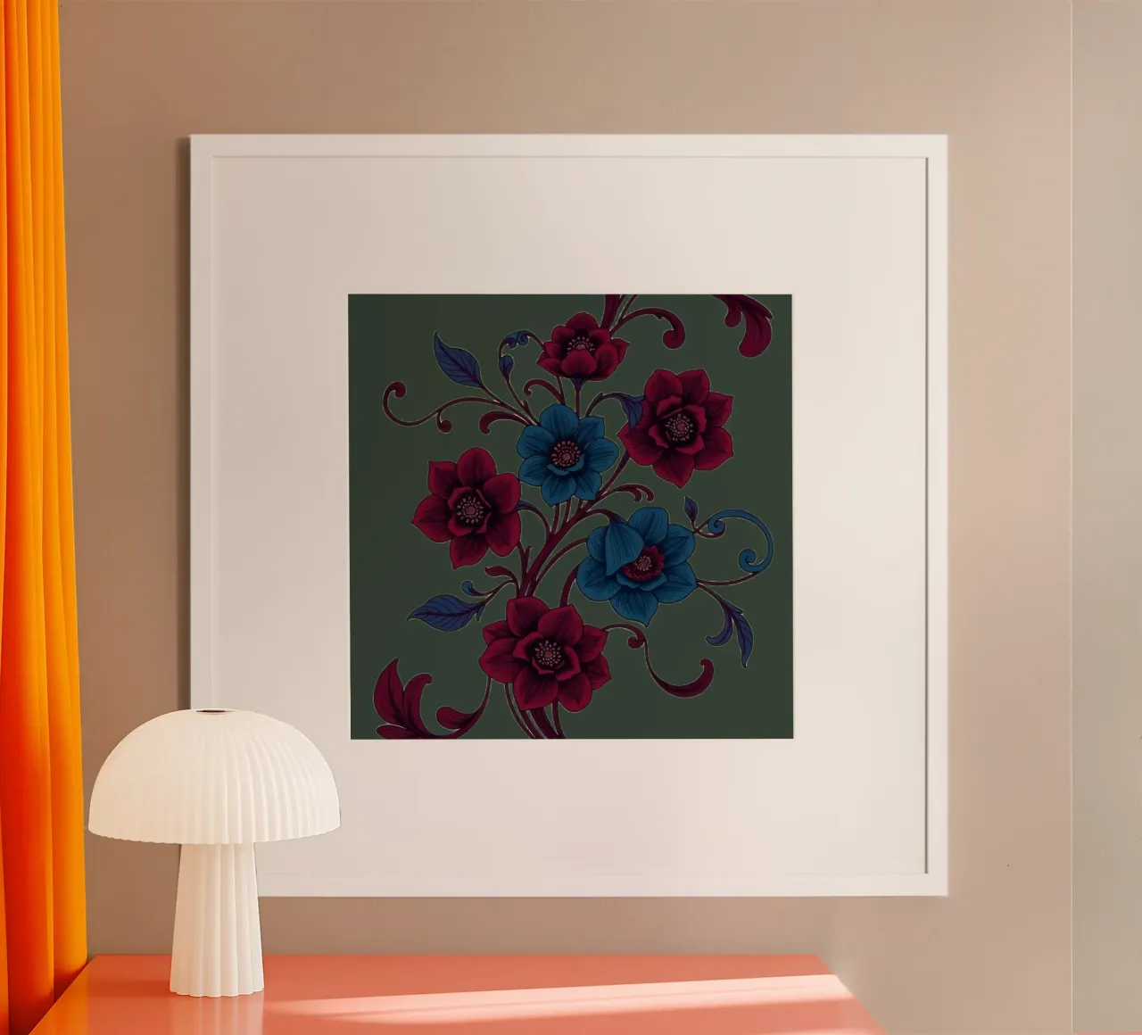 disegno floreale con fiori blu e rossi poster con telaio in legno da DesignDoodle
