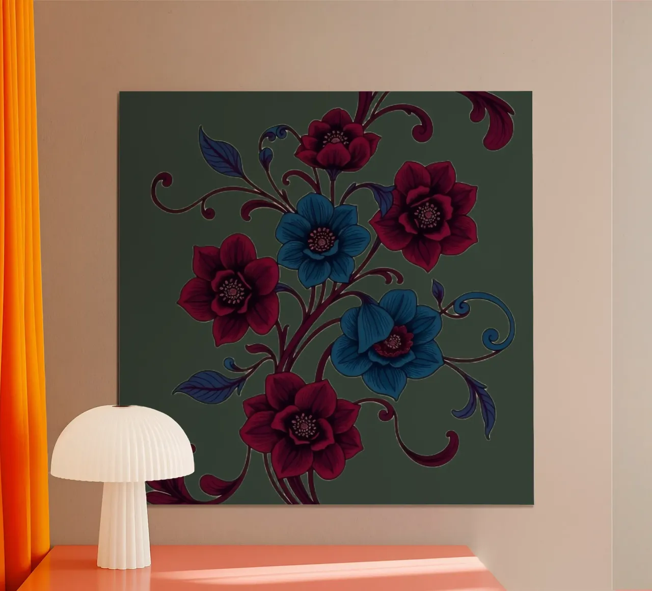 disegno floreale con fiori blu e rossi poster con telaio in legno da DesignDoodle