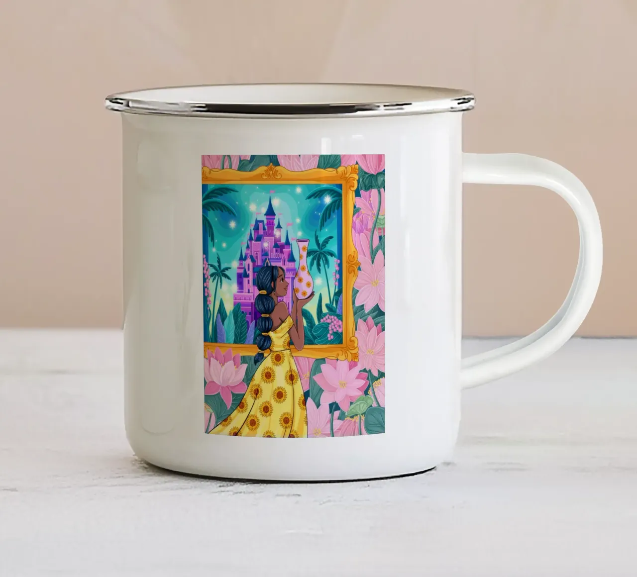 Vue du château enchanté mug en émail de Murni Strokes