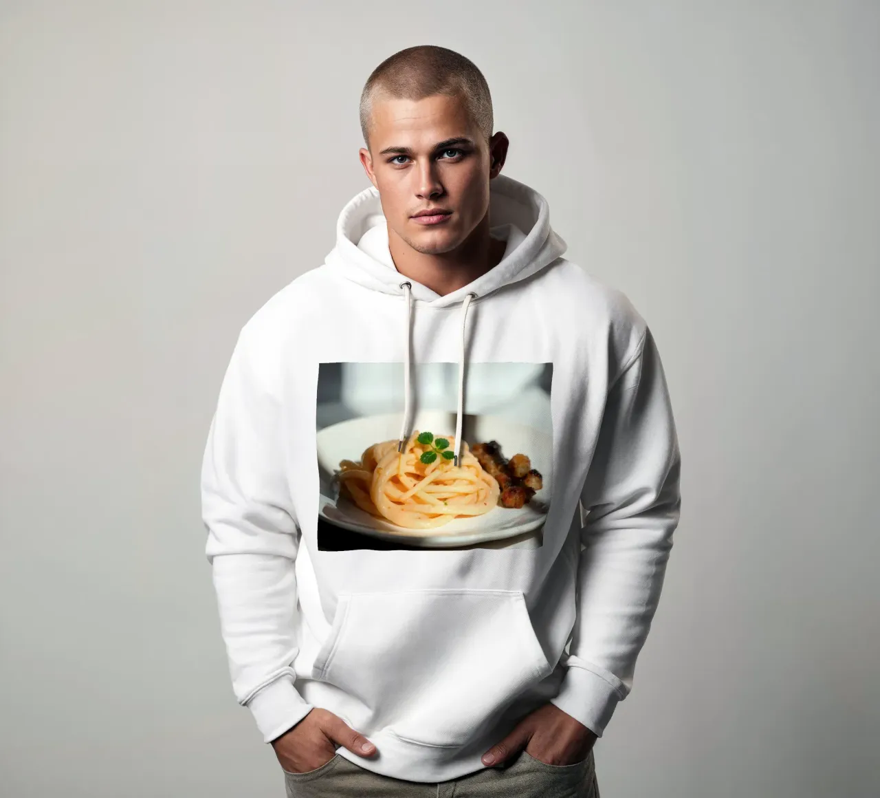 Deliziosa pasta cremosa servita su un piatto con verdure grigliate felpa con cappuccio da DesignDoodle