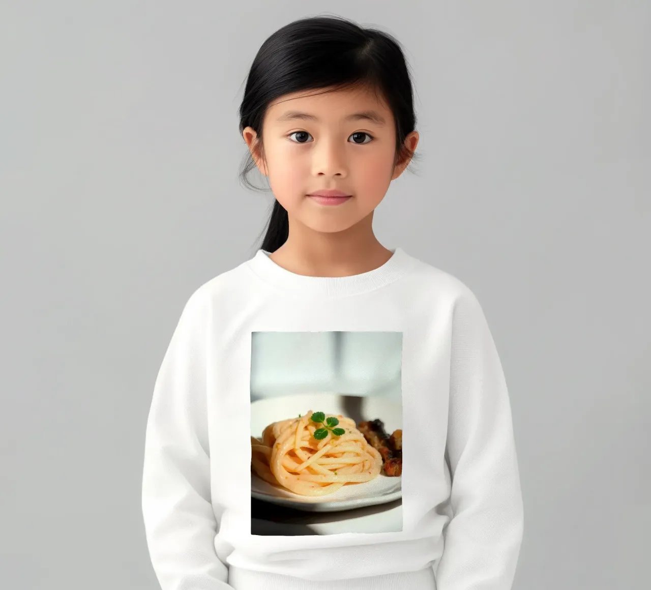 Deliziosa pasta cremosa servita su un piatto con verdure grigliate felpa bambino da DesignDoodle