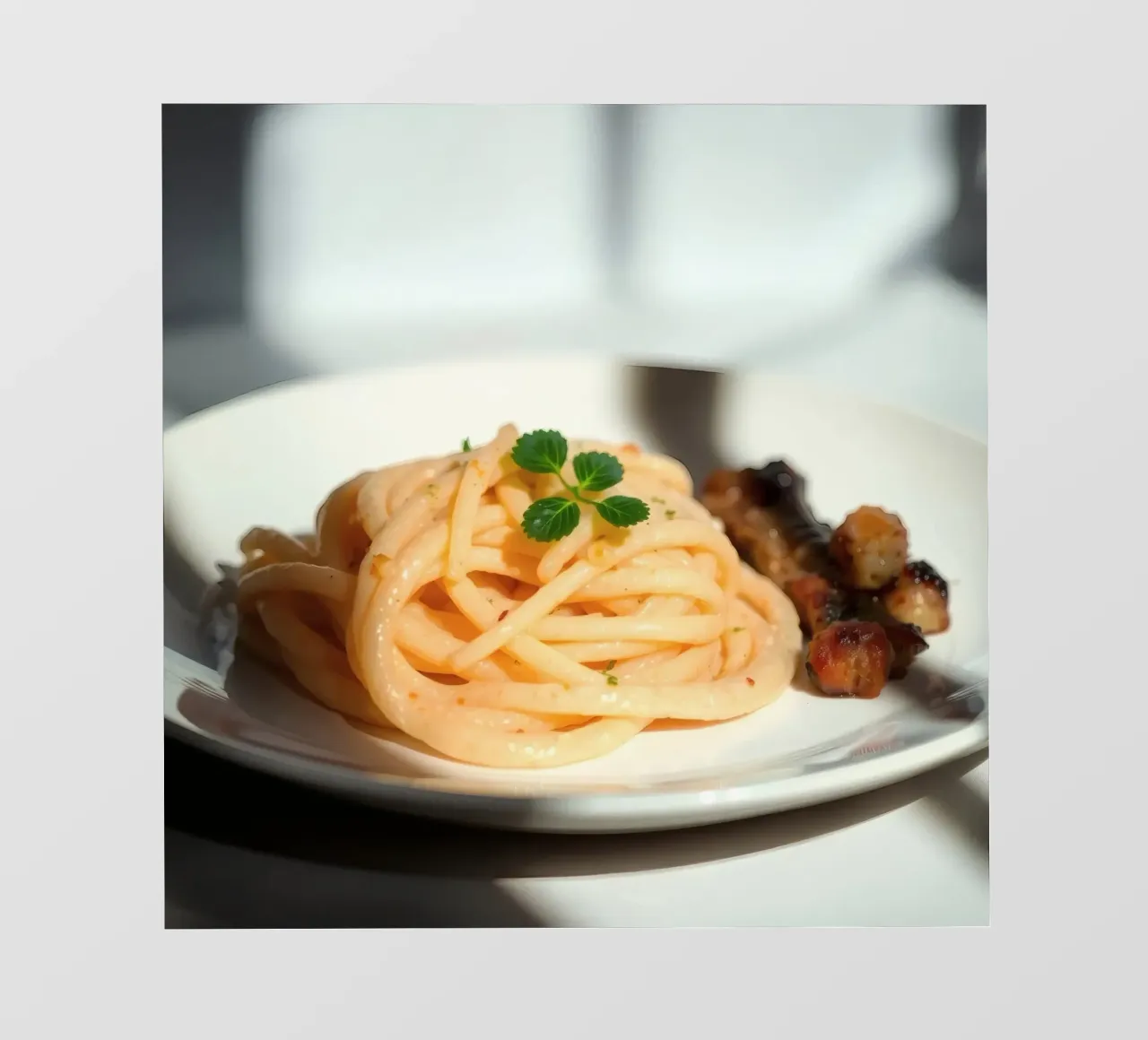 Deliziosa pasta cremosa servita su un piatto con verdure grigliate pellicola backlit da DesignDoodle