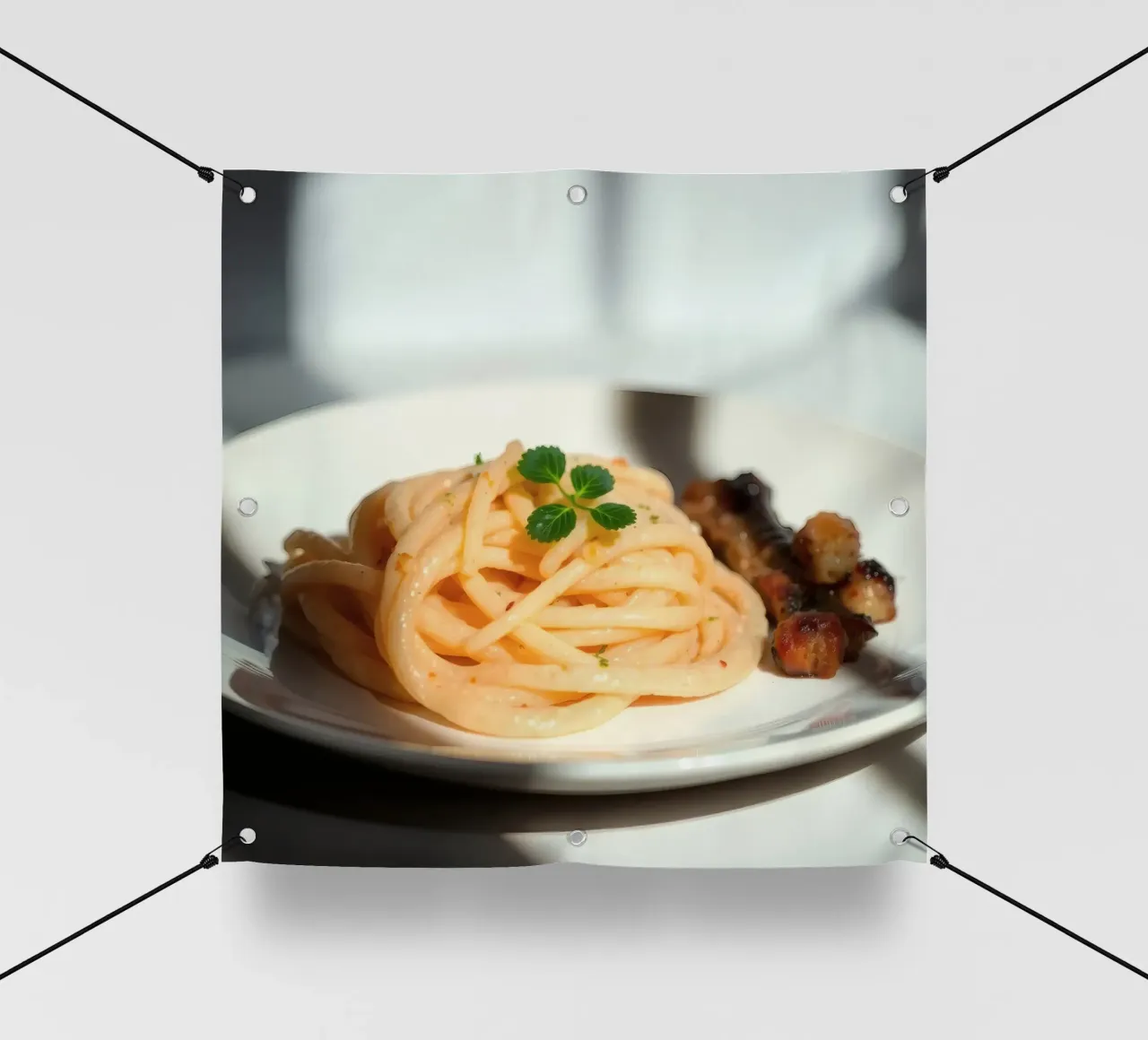 Deliziosa pasta cremosa servita su un piatto con verdure grigliate telo in pvc da DesignDoodle
