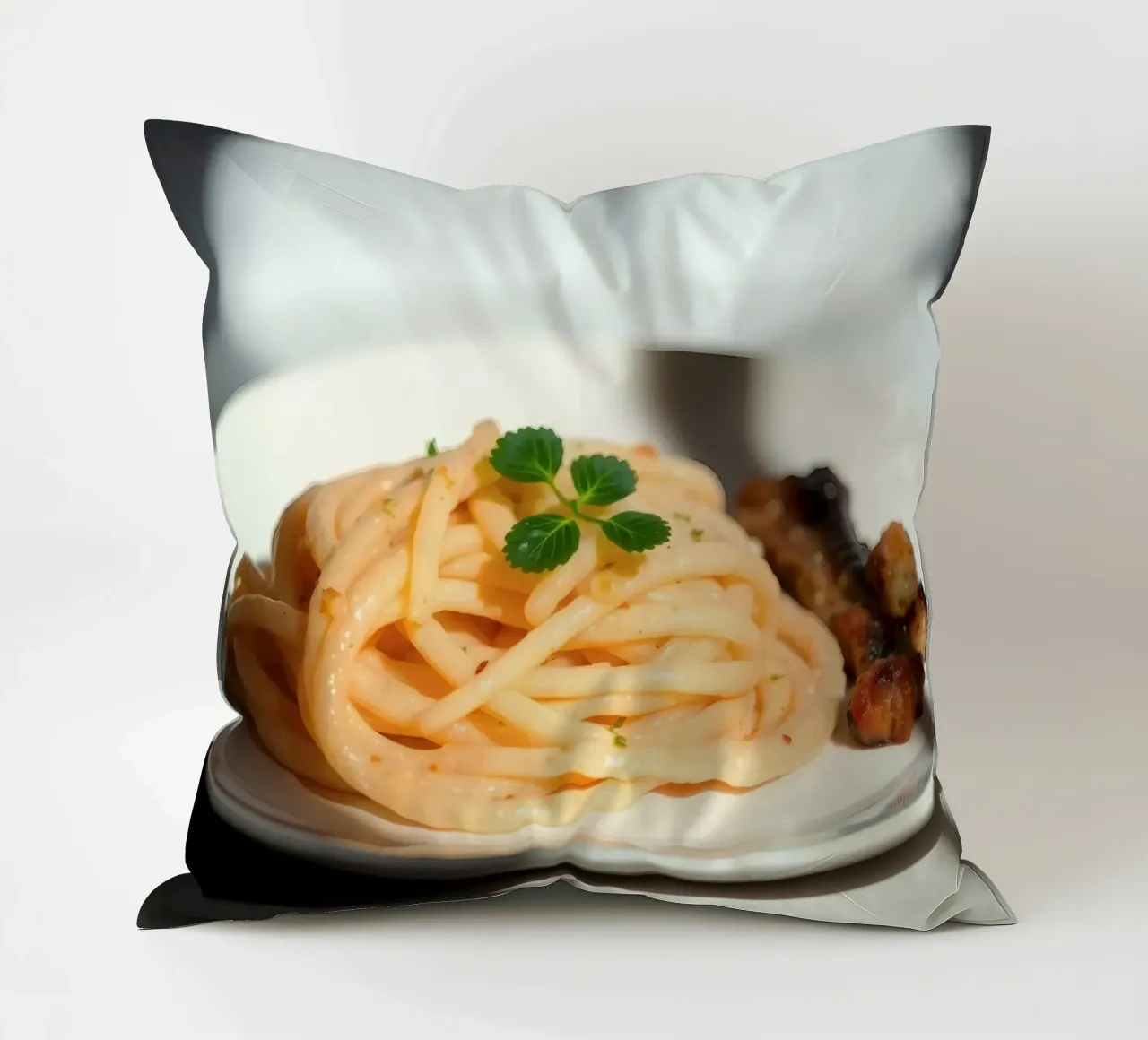 Deliziosa pasta cremosa servita su un piatto con verdure grigliate cuscino da DesignDoodle