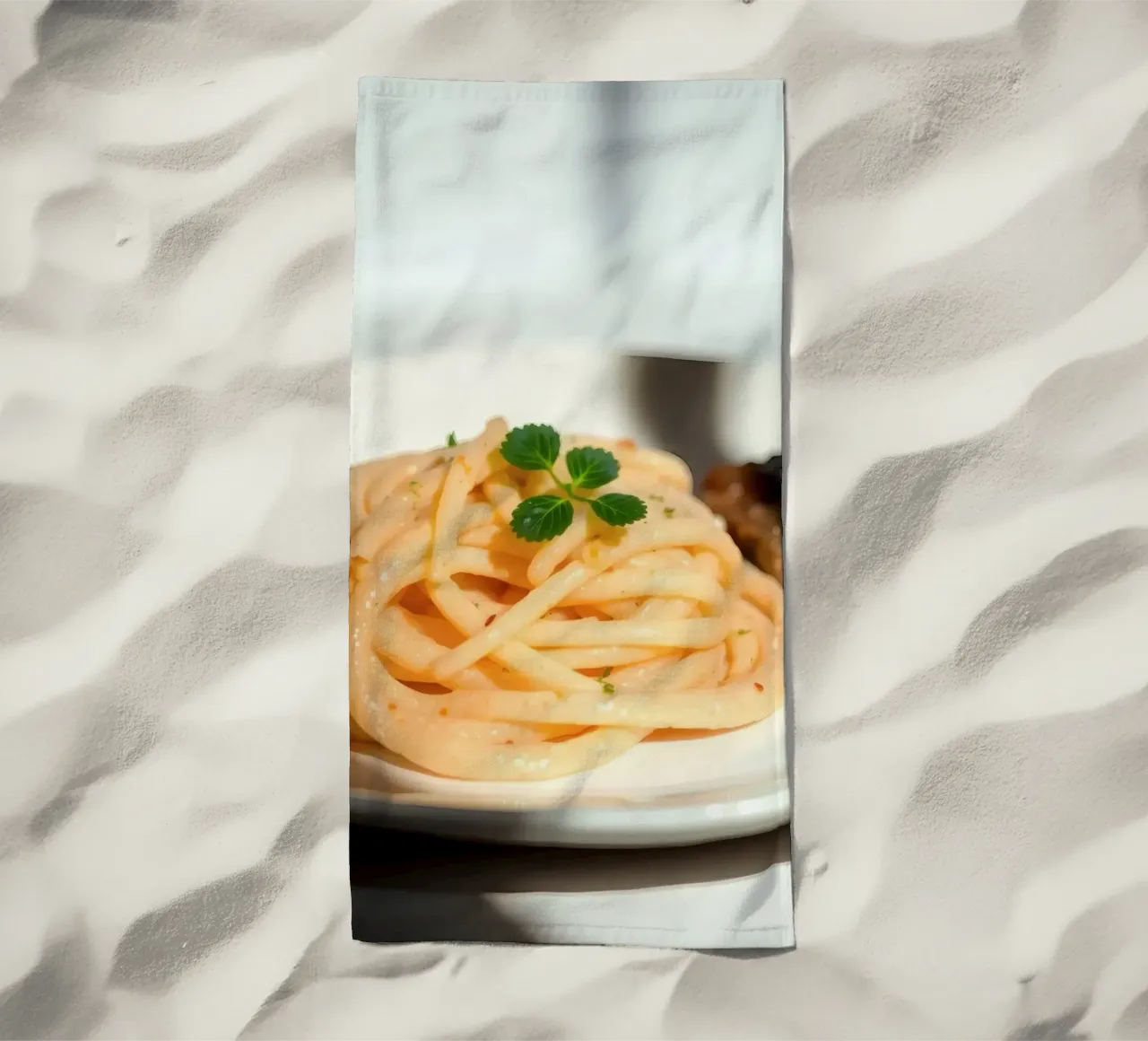 Deliziosa pasta cremosa servita su un piatto con verdure grigliate telo mare da DesignDoodle