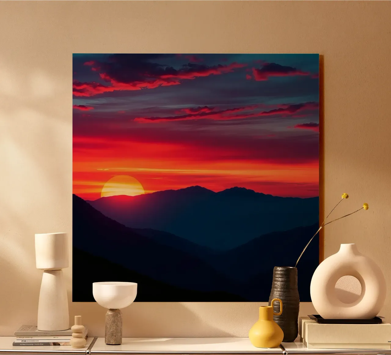 Sunset over mountain range, clouds and tranquil scene acrylic glass by DesignDoodle