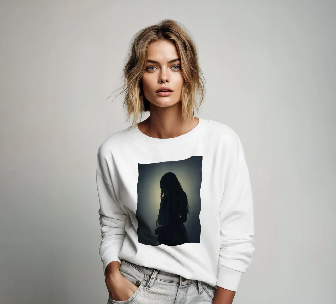 Silhouette di una donna con i capelli lunghi in un'atmosfera di luce soffusa. felpa da DesignDoodle