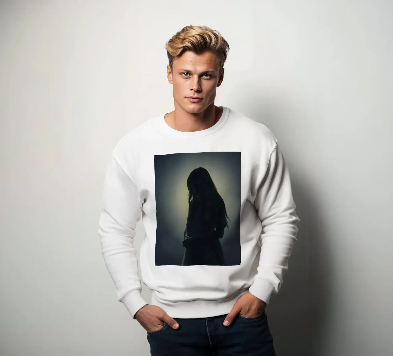 Silhouette di una donna con i capelli lunghi in un'atmosfera di luce soffusa. felpa da DesignDoodle