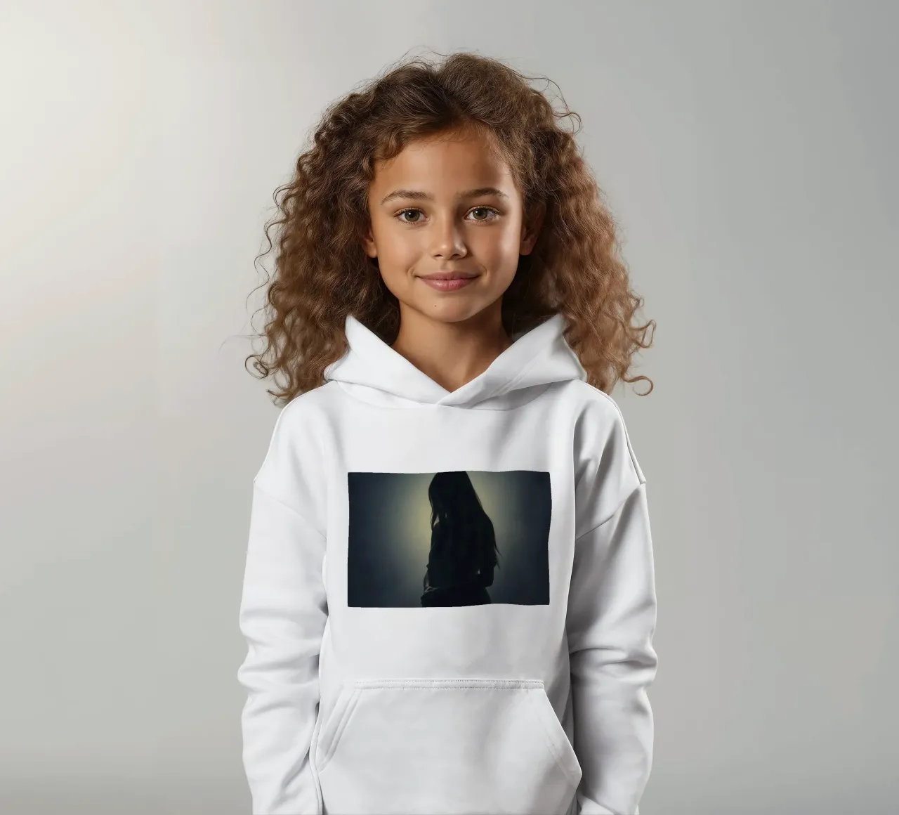 Silhouette di una donna con i capelli lunghi in un'atmosfera di luce soffusa. felpa bambino con cappuccio da DesignDoodle