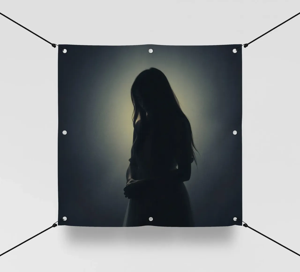 Silhouette di una donna con i capelli lunghi in un'atmosfera di luce soffusa. telo in pvc da DesignDoodle