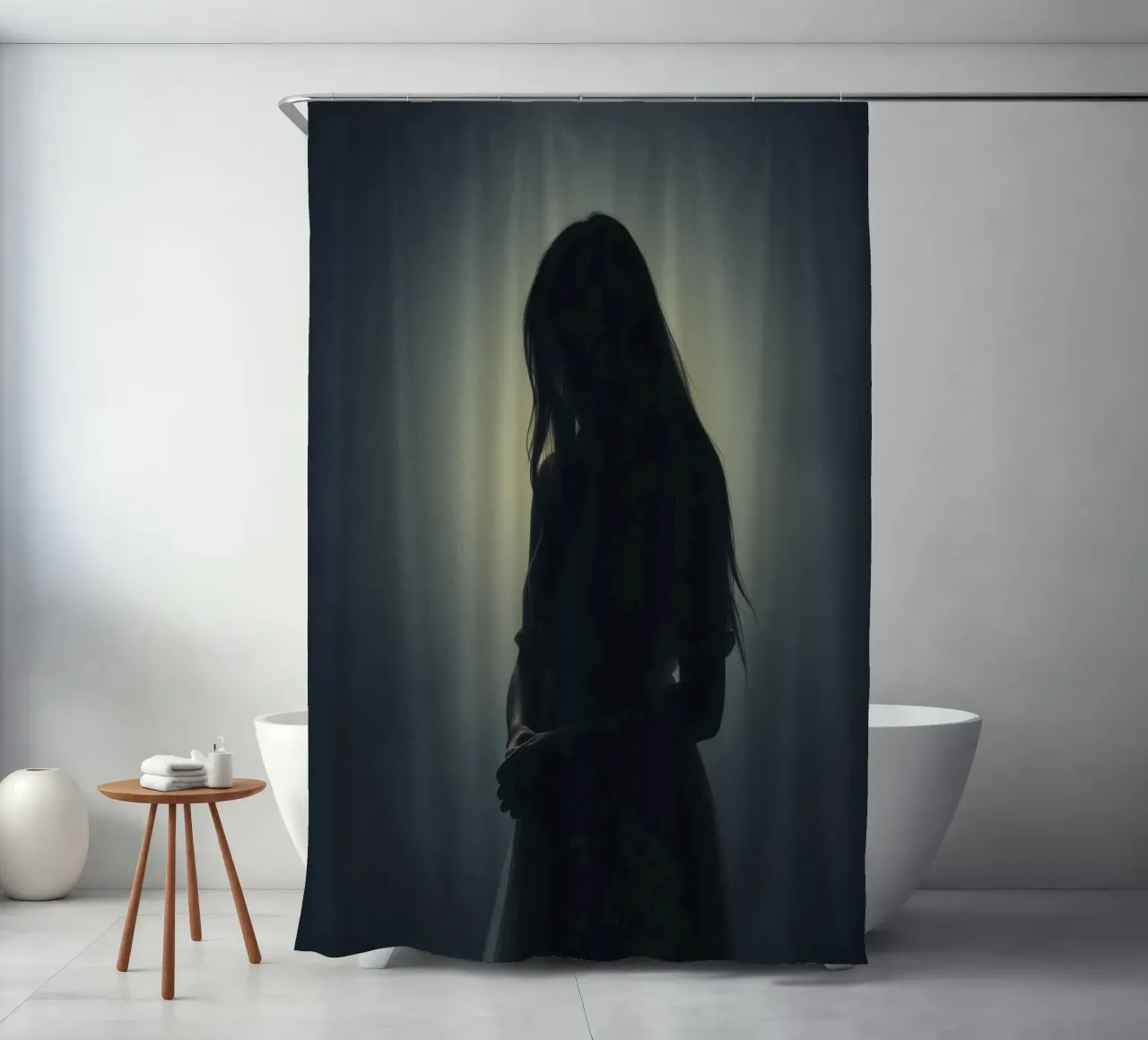 Silhouette di una donna con i capelli lunghi in un'atmosfera di luce soffusa. tenda da doccia da DesignDoodle
