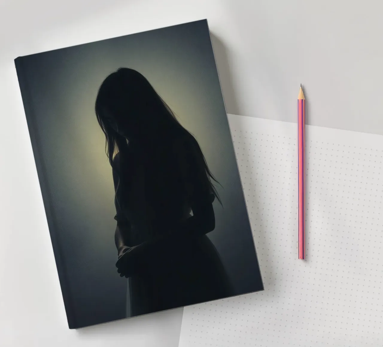 Silhouette di una donna con i capelli lunghi in un'atmosfera di luce soffusa. diario da DesignDoodle