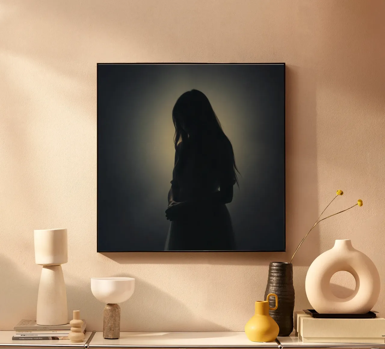 Silhouette di una donna con i capelli lunghi in un'atmosfera di luce soffusa. plexiglass da DesignDoodle