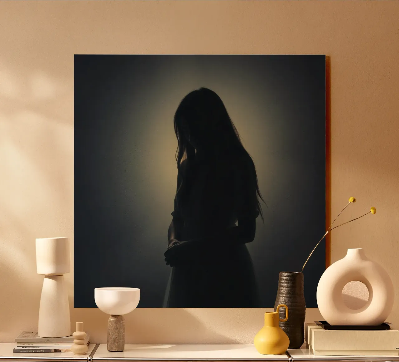 Silhouette di una donna con i capelli lunghi in un'atmosfera di luce soffusa. plexiglass da DesignDoodle