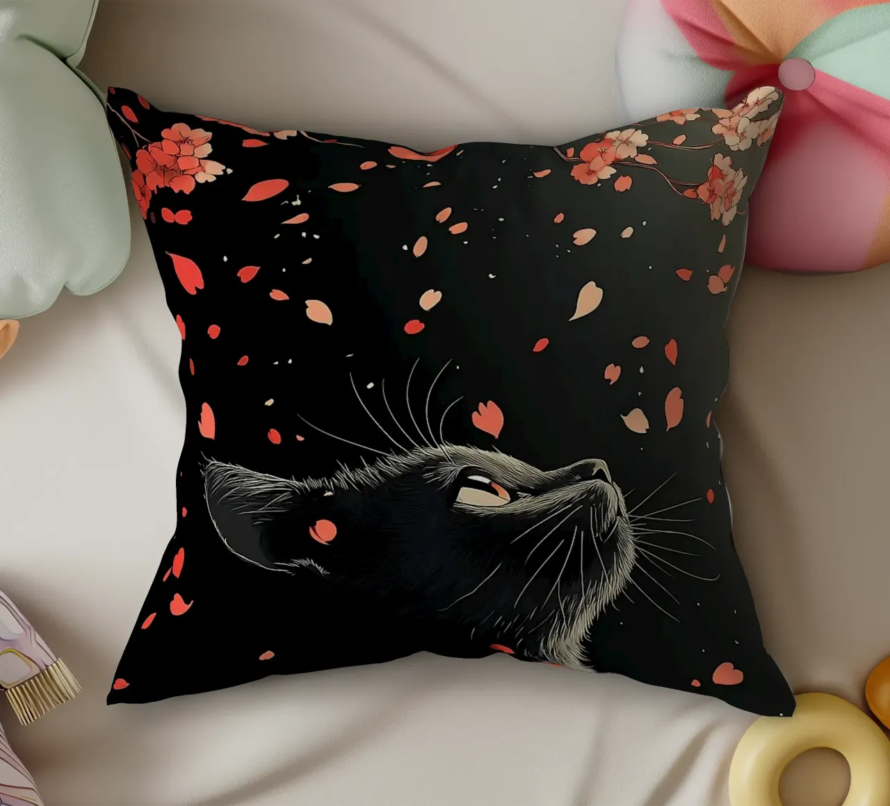 gatto nero in fiore di ciliegio cuscino da Margaret Marie Ostrout