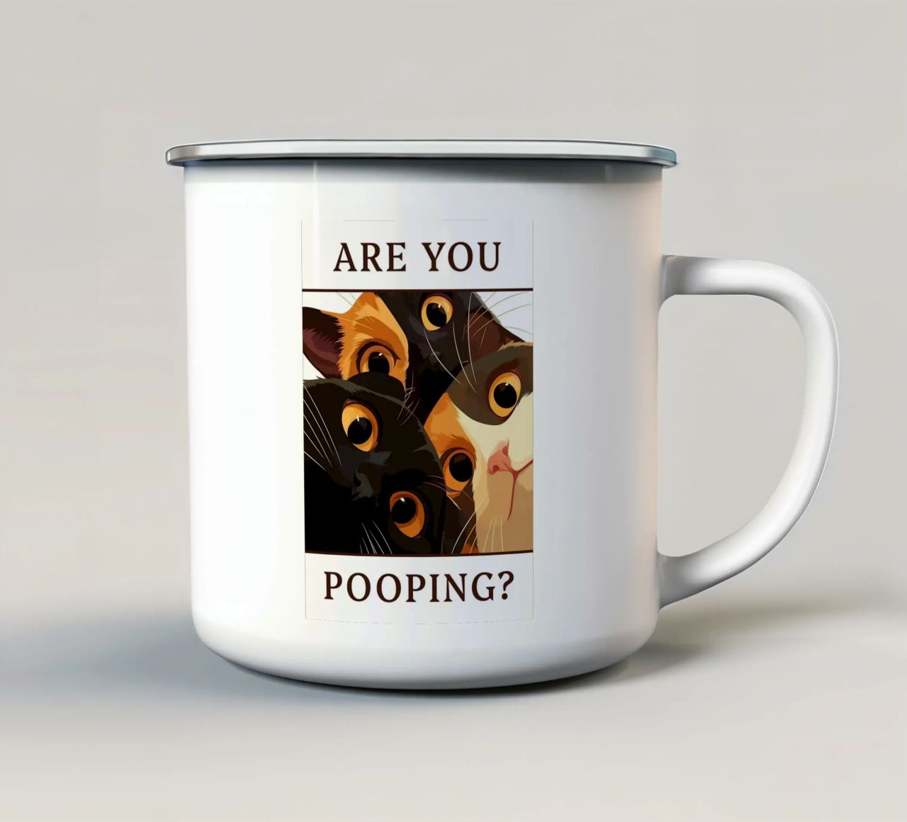 meme del gatto che fa la cacca tazza in smalto da Margaret Marie Ostrout