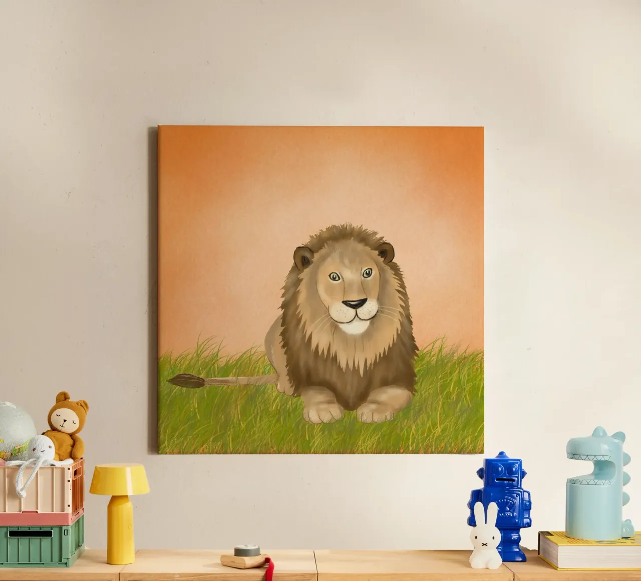 Löwe liegend, Kindermotiv tela con Cornice a cassetta da Farbwelten