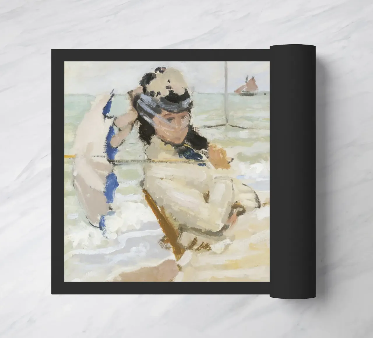 Camille on the Beach in Trouville (1870) by Claude Monet doormat by Monet Art Prints