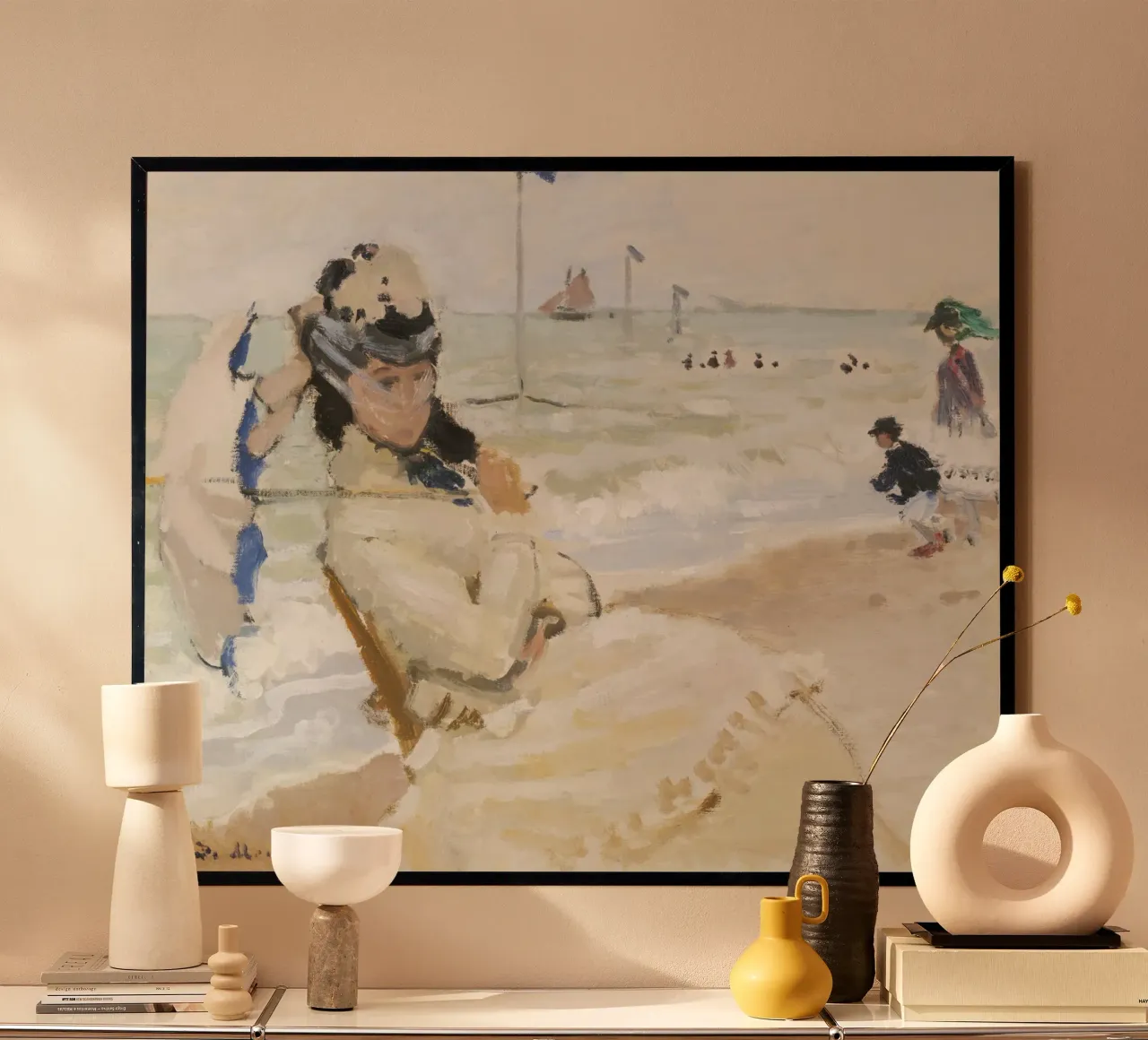 Camille on the Beach in Trouville (1870) by Claude Monet hahnemühle by Monet Art Prints