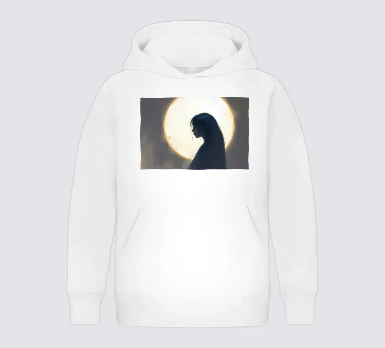 Silhouette of a woman with long hair against a full moon kids hoodie by DesignDoodle