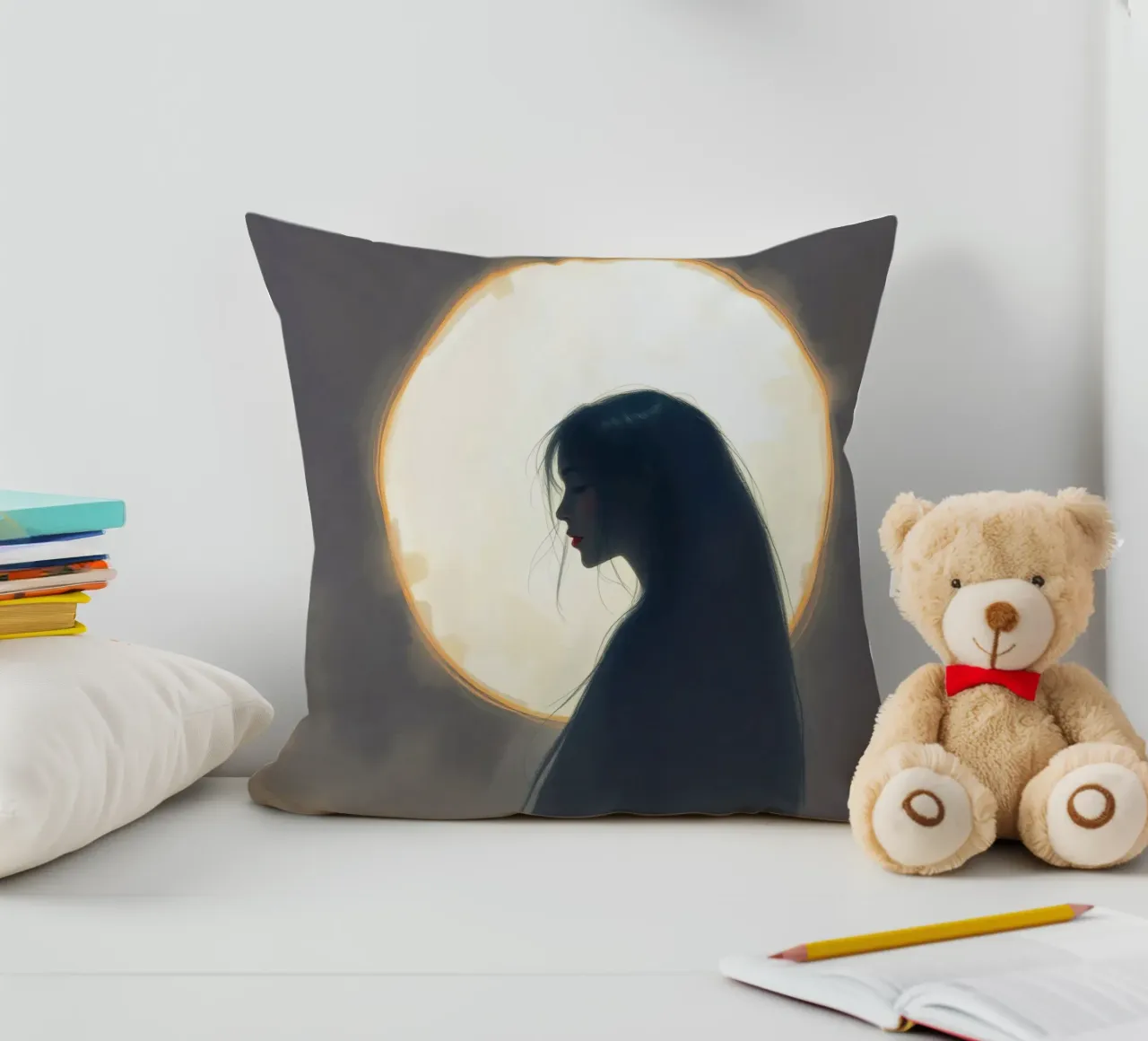Silhouette di una donna con i capelli lunghi con la luna piena cuscino da DesignDoodle