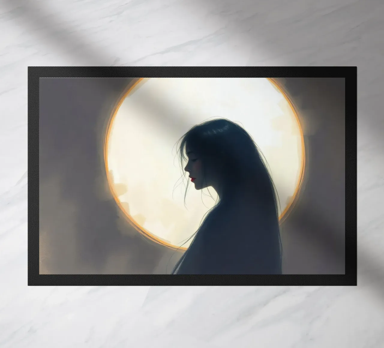 Silhouette of a woman with long hair against a full moon doormat by DesignDoodle